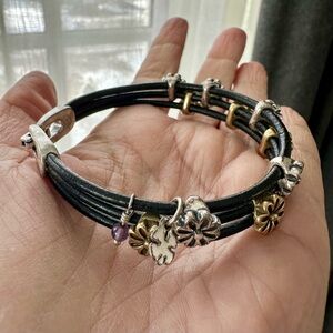 Black Leather Bracelet with Silver and Gold Tone Flowers